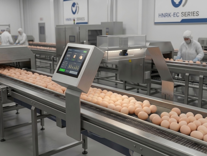 Egg conveyor on a layer farm under real production lighting, viewed from a machine vision camera position
